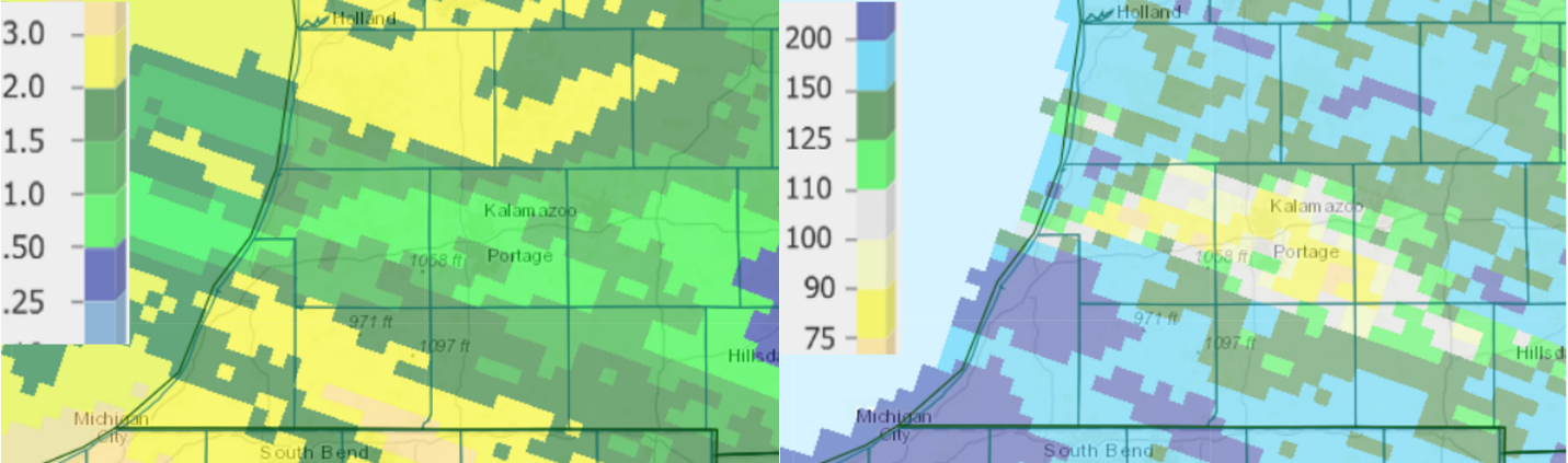 Precipitation totals from the past seven days (left) and percent of normal for the past 14 days (right) as of July 27.